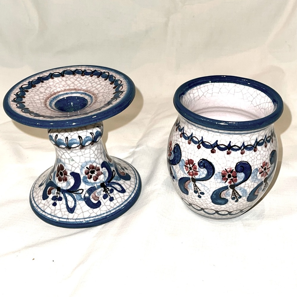 Vintage Austrian Handcrafted Ceramic Candle Holder and Vase Set